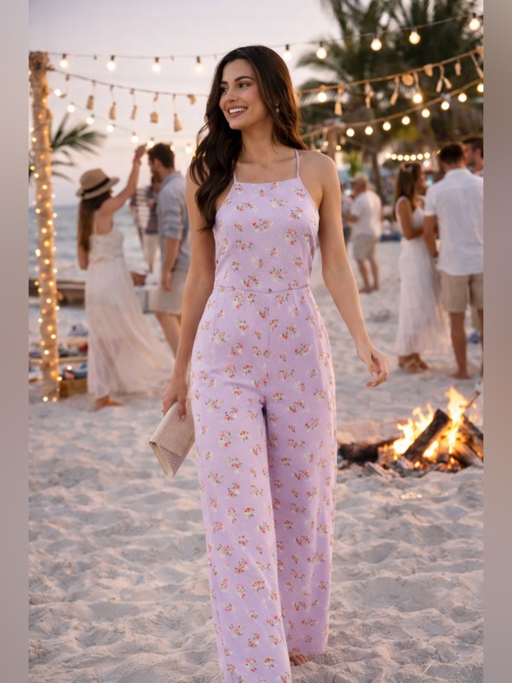Lavender Floral Wide Leg Jumpsuit NWT Spaghetti Strap Flowy Boho Spring Summer